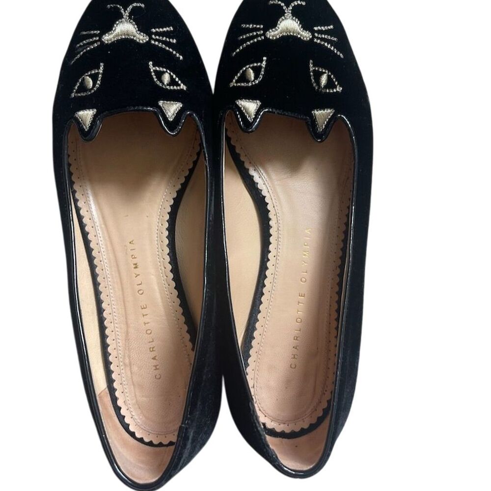 Charlotte Olympia Kitty Flats Black Velvet Embroidered Cat Face Size 9